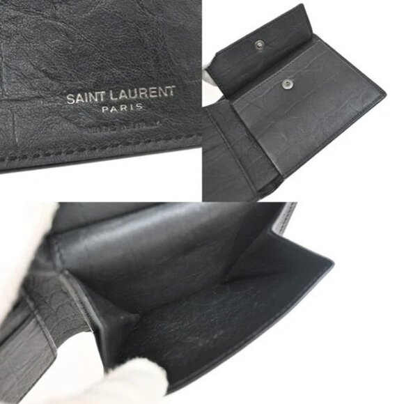 SAINT LAURENT YSL Logo Bifold Compact Wallet Embossing Leather BK Italy 84RL530 - Picture 11 of 13